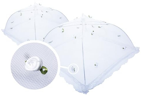 wohhwo Faltbare, quadratische Abdeckhauben, 2er-Set (31x31x18cm und 40x40x21cm), weiß mit kleinen weißen Blüten, Fliegenschutz für Essen, Lebensmittel Insektenschutz, Food Cover für Festliche Anlässe