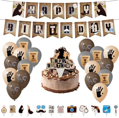 KXVXXV 32 Stück Detektiv Geburtstag Deko Set, Kindergeburtstag Detektiv Accessories, Detective Kuchen Topper, Cupcake Toppers, Ballon Detektiv, Happy Birthday Banner
