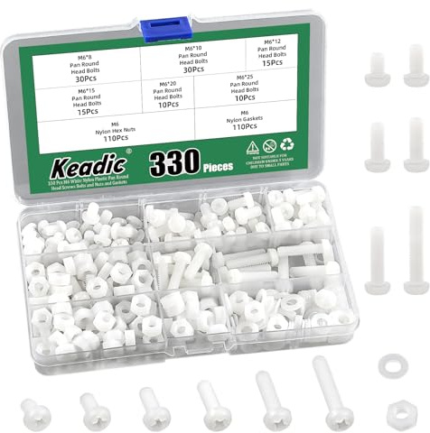 Keadic Lot de 330 vis à tête ronde, en nylon et plastique M6, blanc, en nylon et plastique