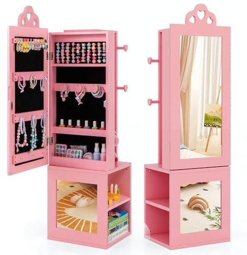 DREAMADE 4 in 1 Kinderspiegel mit Schmuckschrank & Kleiderständer & Ablage, Kinder Schmuckschrank aus Holz, Kinder freistehender Standspiegel für Kinder ab 3 für Kinderzimmer (Rosa)