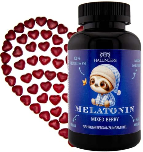 Hallingers Genuss Manufaktur gut schlafen Gummies Geschenk - 120 vegane Vitaminherzen Mixed Berry Melatonin hochdosiert, 0,5 mg pro Herz Melatonin, Faul..., Geschenkidee für Kinder