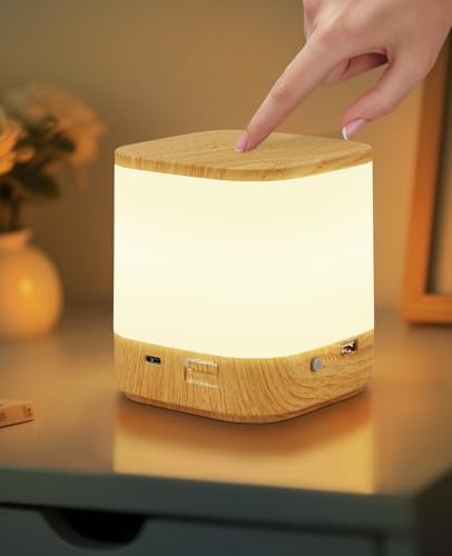 Homefire LED Nachttischlampe Touch Dimmbar: Tischlampe Akku 1800mAH USB | Aufladbar Nachttischlampe Kabellos mit 3 Farbtemperaturen&Timing Nachtlicht Kinder für Schlafzimmer (Holzmaserung, 1800mAH)
