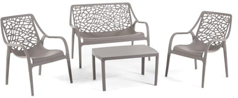 Set / Salon de jardin et extérieur en polypropylène avec fibre de verre 4 places, canapé deux places, 2 fauteuils et table basse, empilable, imperméable, design moderne - Set Maratea (Taupe )