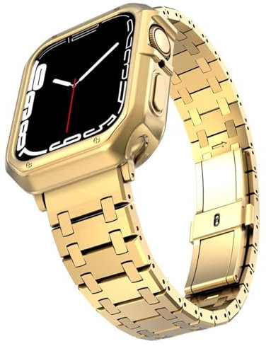 GANYUU Correa de acero inoxidable para Apple Watch Ultra band 49mm 38/40/41mm 42/44/45mm S10 42MM 46MM pulsera para s 10 9 8 7 Se 6 5 4 Se(Gold and case,S10 46MM)