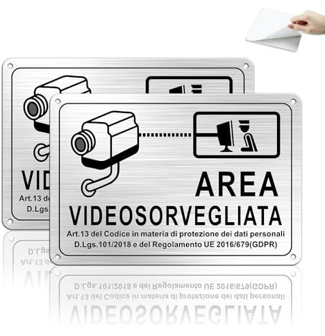 TAKULA Kit 2 Cartelli Sicurezza 22x15cm - Telecamera Videosorveglianza con Cartello Casa Videosorvegliata e Cartella Area Videosorvegliata in Alluminio Satinato Antiruggine