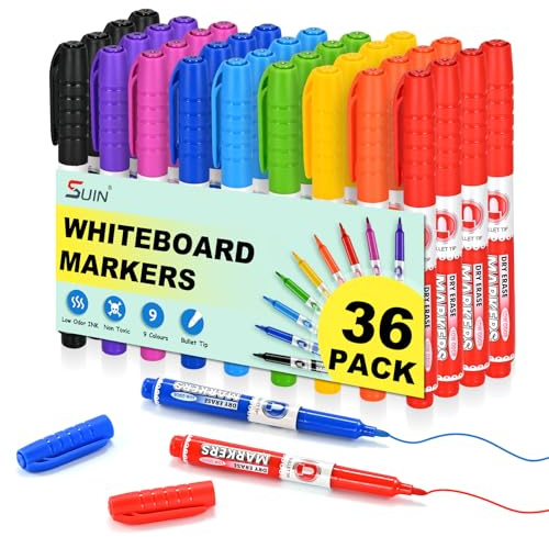 SUIN Whiteboard-Marker, 9 Farben, geruchsarm, Slimline, mittelfeine Spitze, für Zuhause, Arbeit, Schule, 36 Stück