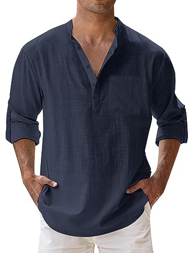 CEWIFO Vendita di Camicia Lino Uomo, Camicie Manica Lunga Sportiva Slim Fit Elegante Shirt Estive Tinta Unita Casual Collo Coreana Spiaggi Shirts con Taschino