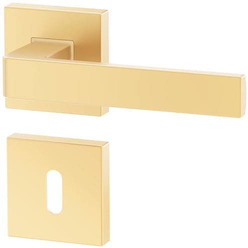 ERGO Gold Türbeschlag Türgriff für Zimmertüren, Messingfarben Matt, Gold Matt, Eckig Drückergarnitur, Türbeschlag, Türklinke, Türdrücker