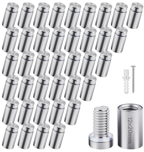 TIHOOK 40 STK 12 x 20 mm Edelstahl Abstandshalter Wand, Werbeschraube | Schrauben Halter für Werbung, Nägel Glas Standoff Halter mit Schrauben und Gummistopfen für Schilder Displays