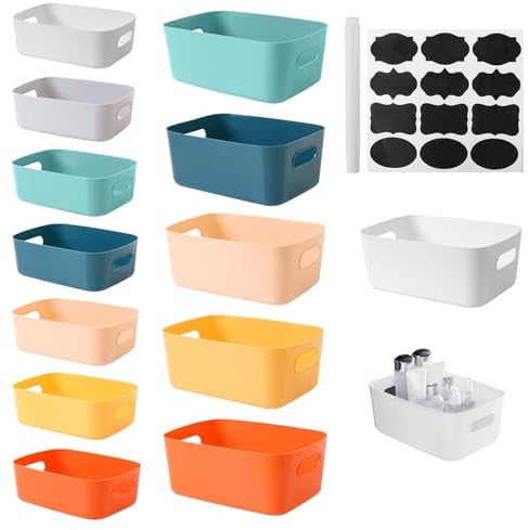 JJZGPP 13 Stück Aufbewahrungsboxen aus Kunststoff, Stapelbare Aufbewahrung Organizer Korb Boxen mit Griffen, Multifunctional Ordnungsboxen, Küchenschrank Organizer Box für, home, Bad, 7 Farben，2 Größe