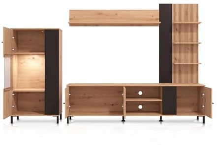 KHG Wohnwand Dekorfolie in Riffeloptik Asteiche schwarz Hängeregal Vitrine | Wandboard Lowboard Holzwerkstoff moderner Skandilook, Eiche, für Stauraum und Ordnung, pflegeleicht im Alltag