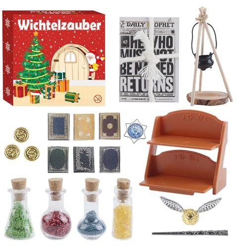 Joxessaien Wichtel Zubehör Magie-Set – 1:12 Miniatur Wichtelzubehör Weihnachten Deko & Puppenhaus – Mini Bücherregal mit Büchern, Zaubertrankflaschen, Kessel und Wahrsagerkugel