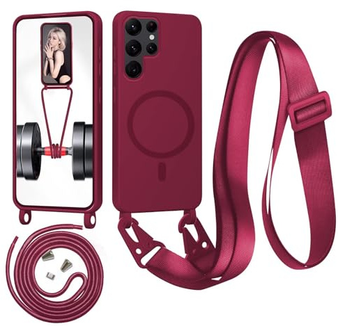 Belzsxy Magnétique Coque pour Samsung Galaxy S22 Ultra avec Cordon,Compatible avec MagSafe,Etui Silicone Liquide Housse Fine Antichoc, Réglable Collier Lanière Étui Portable Lanyard Case,Rouge