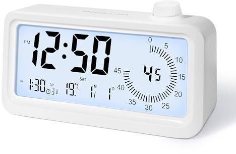 Lafocuse Wecker Digital, LCD Tischuhr mit Countdown-Timer, Nachtlicht, Batteriebetrieben, Snooze, 3 Alarme, Temperaturanzeige und Kalender, 12/24HR für Nachttisch Desktop Schlafzimmer Kinder
