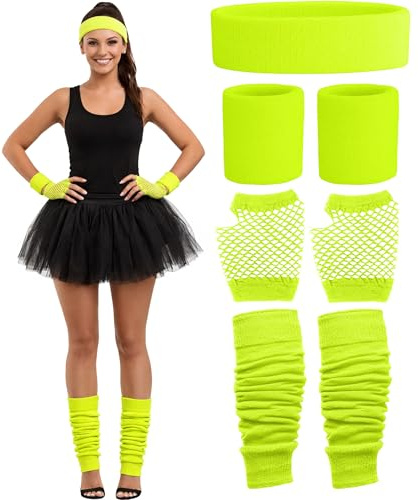 The Fancy Dress 7Pcs Neon Costume Accessories Womens Leg Warmers - Headband Wristband - Fingerless Fishnet Gloves Set, Women Fancy Dress 80s 90s Theme Fancy Dress Party Costumes (Yellow)