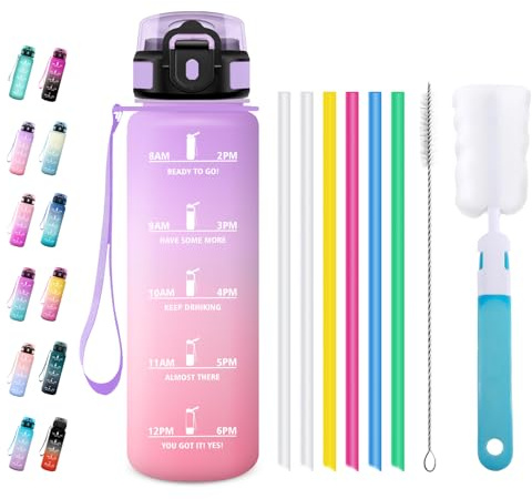 JAPORIA Trinkflasche 1L, Wasserflasche mit Strohhalm, Auslaufsicher, Kohlensäure Geeignet, Sportflasche mit Zeitmarkierung, für Schule, Camping