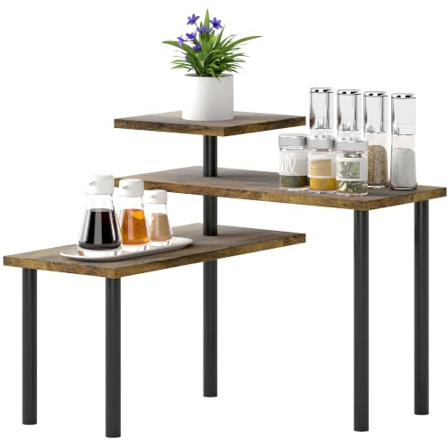 HOMCOM Kitchen Countertop Organizer 3 Tier Adjustable Rack Rustic Brown | Corner Shelf, Spice Rack, Desktop Storage Rack, Kitchen Coffee Bar Bathroom