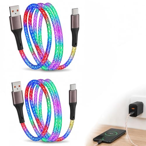2 pcs USB-A-auf-USB-C Ladekabel mit Beruhigendem LED-Licht, 100 cm, Kein Störendes Blinken, Farben Wechseln Sanft, Perfekt für Gamer, Auto-Innenraum und Schlafzimmer, Schnellladung Unterstützt