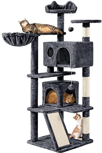 Yaheetech Cat Tree, 144.5cm Multi-level Indoor Cats Climbing Tower w/Sisal Scratching Posts/Dangling Balls,Kitten Activity Centre Pet Play House, Dark Grey