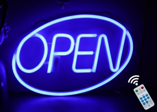 iKefe 16 x 10 Inch LED Neon Light Up Open Sign with Remote Timer, Advertisement Board High Visibility Electric Display Sign,Eight Modes Flashing&Steady Light for Walls,Window,Shop,Bar,Hotel(Blue）