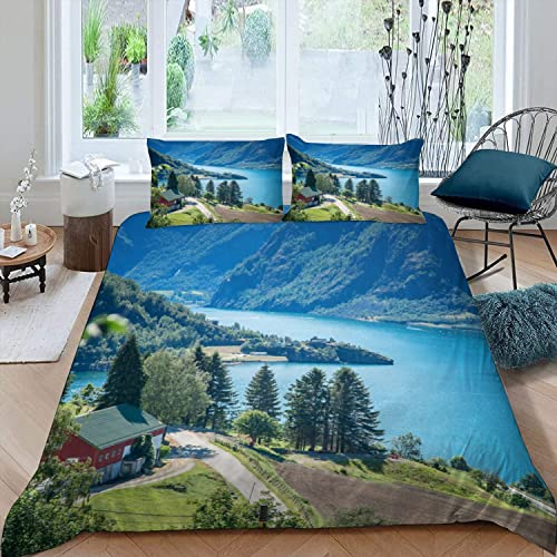LoloNorwegische Fjorde Bettwäsche 135x200 Atmungsaktive Weiche Mikrofaser Skandinavische Landschaft Bettbezug mit ReißVerschluss Sommer Bettwäsche Set Für Kinder Bettbezüge und 2 Kissenbezug 80x80