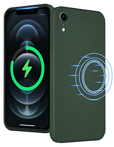 UEEBAI Liquid Silicone Wireless Charging Phone Case For iPhone XR, Built-in Magnets Compatible with MagSafe Faster Charging Slim Fit Soft Microfiber Cover - Dark Green