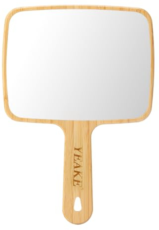 YEAKE Espejo de mano de bambú natural con asa, espejo de viaje portátil de 17,5 cm de ancho x 25 cm de largo