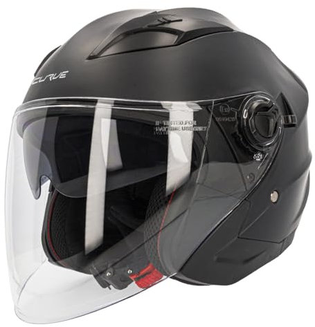 Casco Moto Jet Curve Mercury Negro Mate, Material ABS, Visor Solar Ahumado, Cierre micrométrico, Adultos, Hombre y Mujer, ECE 22.06 (XL)