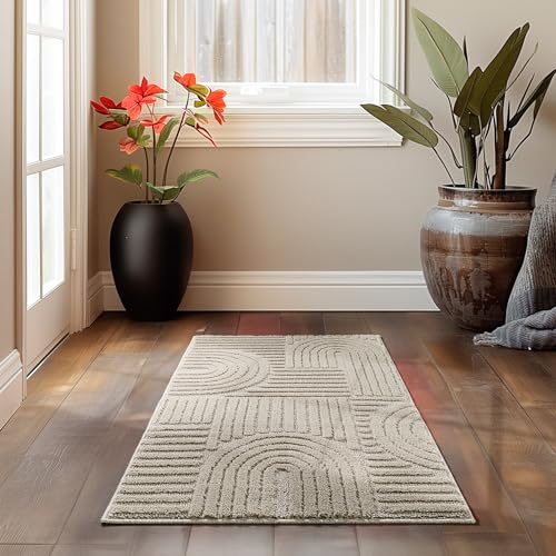HomebyHome Kurzflor Teppich Läufer 60 x 110 cm Beige Hoch-Tief 3D Effekt Teppich Waschbar, Flauschig und Extra Weich - Skandinavisch Boho Muster Teppich für Wohnzimmer, Schlafzimmer und Küche