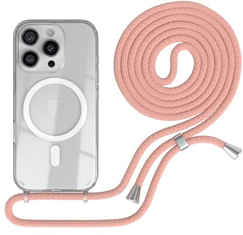 EAZY CASE - Handykette kompatibel mit iPhone 16 Pro Kette zum Umhängen Stoßfest Handyhülle für Apple iPhone 16 Pro Silikon Hülle mit Band Handytasche Transparent als Fallschutz Alt Rosa - Clips Silber