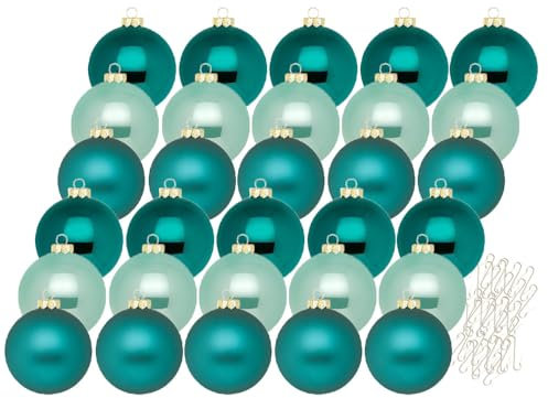 Inge Glas Weihnachtskugeln mit Haken | Schöne Christbaumkugeln aus Glas | Set 30 Kugeln und 40 Aufhänger | Christbaumschmuck Weihnachtsbaumkugeln (Green Emerald | Petrol)