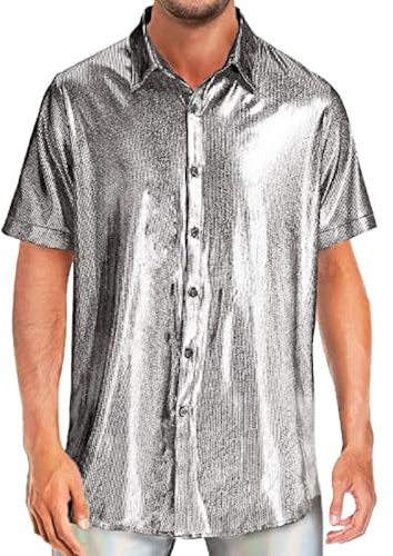 Glitzer Hemd Herren 70er Jahre Outfit Herrenhemd Metallic Glänzend Nachtklub Pailletten Shirt Langarm Retro Partyshirt Fasching Oberteile Freizeithemd Glitzerhemd Disco Party Karneval Kostüm