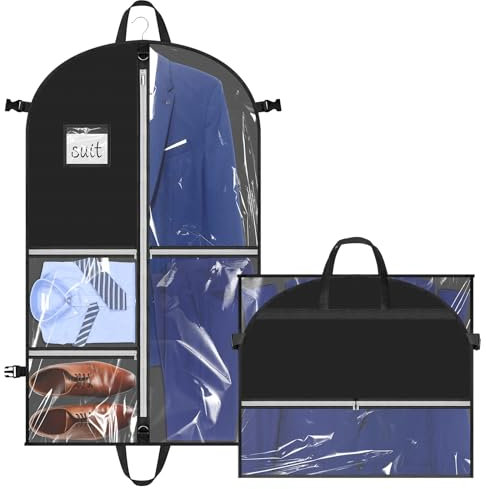 Hejo Kleidersack mit Fächern, Anzugtasche, 110×60cm Mehrfach-Taschen Faltbar Kleiderbeutel, Staubdichte Anzug Schutzhülle mit 5 Klare Taschen, Garment Bag für Anzug Mantel Jacke Kleid (Schwarz)