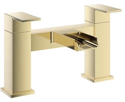 VeeBath Kinetic Square Waterfall Bath Filler Mixer Tap – Modern Dual Lever Design with Brushed Brass Finish, G3/4 BSP Inlet, Deck Mounted Square Bathroom Taps