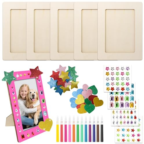 Bilderrahmen Holz Set zum Bemalen,5 Stück 20x15cm Fotorahmen Bastelset Holzrahmen Holzbilderrahmen zum Bemalen mit Glitzersteine,Sticker,Wasserfarben,DIY Bastelsets für Deko,Geburtstage Geschenke
