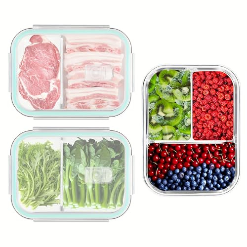 Gcirn Glass Food Storage Containers with Lids of 1040ML*3, Containers with Comparments,Food Containers with Blue Lids