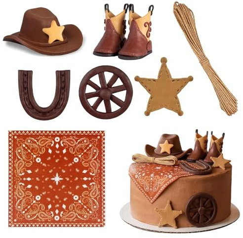 7Pcs Cowboy & Cowgirl Cake Toppers Set for Birthday Decorations | Cowboy Party Decorations with Hat, Boots, Horseshoe, Star, Wheel, Bandana & Rope, Wild West Rodeo Birthday Cake Decor