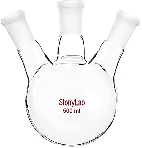 StonyLab Borosilicaté Verre 3 COL Rond Fond Flasque RBF, Ballons de Laboratoire 3 Neck Round Bottom Flask avec 24/40 Centre et côté Standard Fuseau Extérieure Joint - 500ml