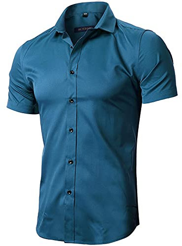 INFLATION T-shirt Élastique Hommes, Chemise Manches Courtes, Taille ajustée, T-shirt en Fibre de Bambou pour homme, Turquoise, 41 (Épaule 47CM, Poitrine 108CM)