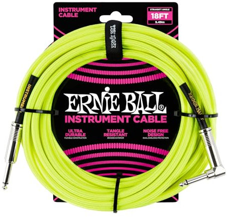 Ernie Ball 18 ft Braided Straight Angle Inst Cable Neon Yellow
