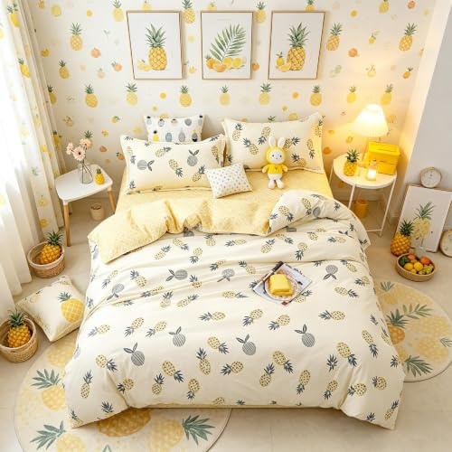 Yellow Pineapple Duvet Cover Sets King Bedding Tropical Fruit Print Bedding Set Soft Luxury Microfiber Polyester Bedding &Linen Comforter Cover with 2 Pillow Shams, Lightweight 3 Pieces ,Zipper