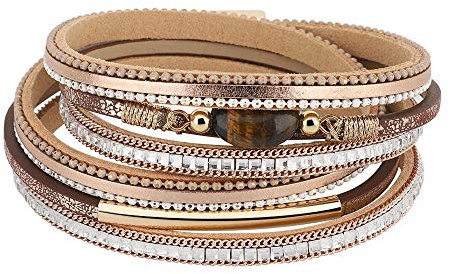 Emibele Geschichteter Lederarmband, Böhmischer Stil Mehrschichtige Wickelarmbänder mit Magnetverschluss, Armband mit Metall & Diamant & Tigerauge Stein für Damen & Mädchen – Champagner