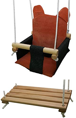 Holz Babyschaukel Kinderschaukel Holz Babywippe Zimmerschaukel Stoff Babysitz Baby Schaukel zum Aufhängen Sicherheitsgurt 2 in 1 Schaukel für Kinder Garten Indoor Outdoor (Graphit & Orange)
