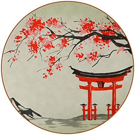 sous-Verres Cuir Rond Rétro Paysage Japonais Dessous de Verre pour Boissons antidérapant Résistant à la Chaleur Coaster Cadeaux Créatifs pour Les fêtes 11x11 cm