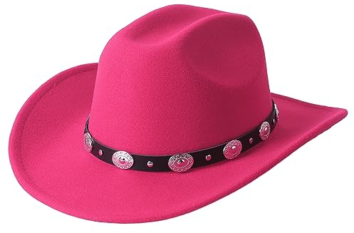Lanzom Chapeau de cowboy western Fedora en feutre à large bord avec boucle de ceinture pour femme et homme, rose, Taille M