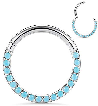 AROWRO Knorpel Daith Helix Ohrringe Creolen Daith Piercing Schmuck Nasenringe aus Chirurgenstahl 316L Septum Clicker Nasenring Türkis gepflastert 16G 10mm Silber