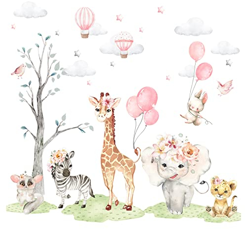 Little Deco Wandsticker Wandtattoo Kinderzimmer Mädchen Tiere Wandaufkleber Zebra Elefant Hase Löwe Wandbild Ballon Wolken Dschungel Sterne DL711-2