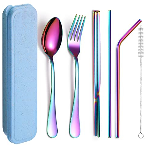 XIAOYU Juego de cubiertos reutilizables portátiles de 6 piezas, juego de cubiertos de acero inoxidable, juego de utensilios de viaje, incluye palillos/tenedor/cuchara/pajitas/cepillo de limpieza