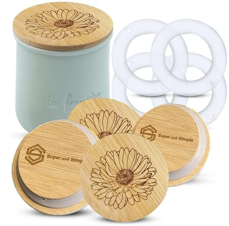 La Fermiere Yogurt Jar Lids Bamboo | 4 Pack Aster Flower Design | Floral Engraved Bamboo Lids for La Fermiere Yogurt Ceramic Jars | Covers for La Fermiere Glass Yogurt Pots| Reusable Airtight Jar Tops