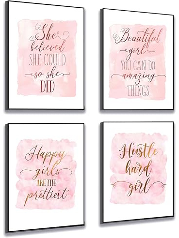 Set of 4 Framed Motivational Wall Art Quote Letters for Living Room Home Decor, Canvas Painting Posters Print Pictures Positive Words for Home Office Teen Bedroom Decoration Nordic